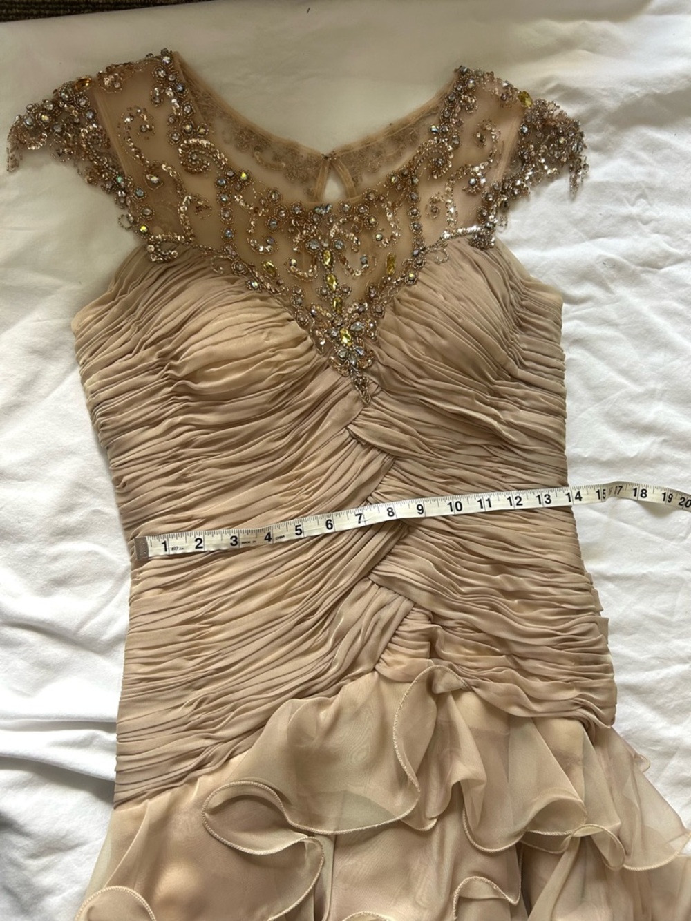 Shail K Gold Beaded Formal Dress Size 6 |  Neckline Ruffle Chiffon Prom Wedding - Picture 6 of 7